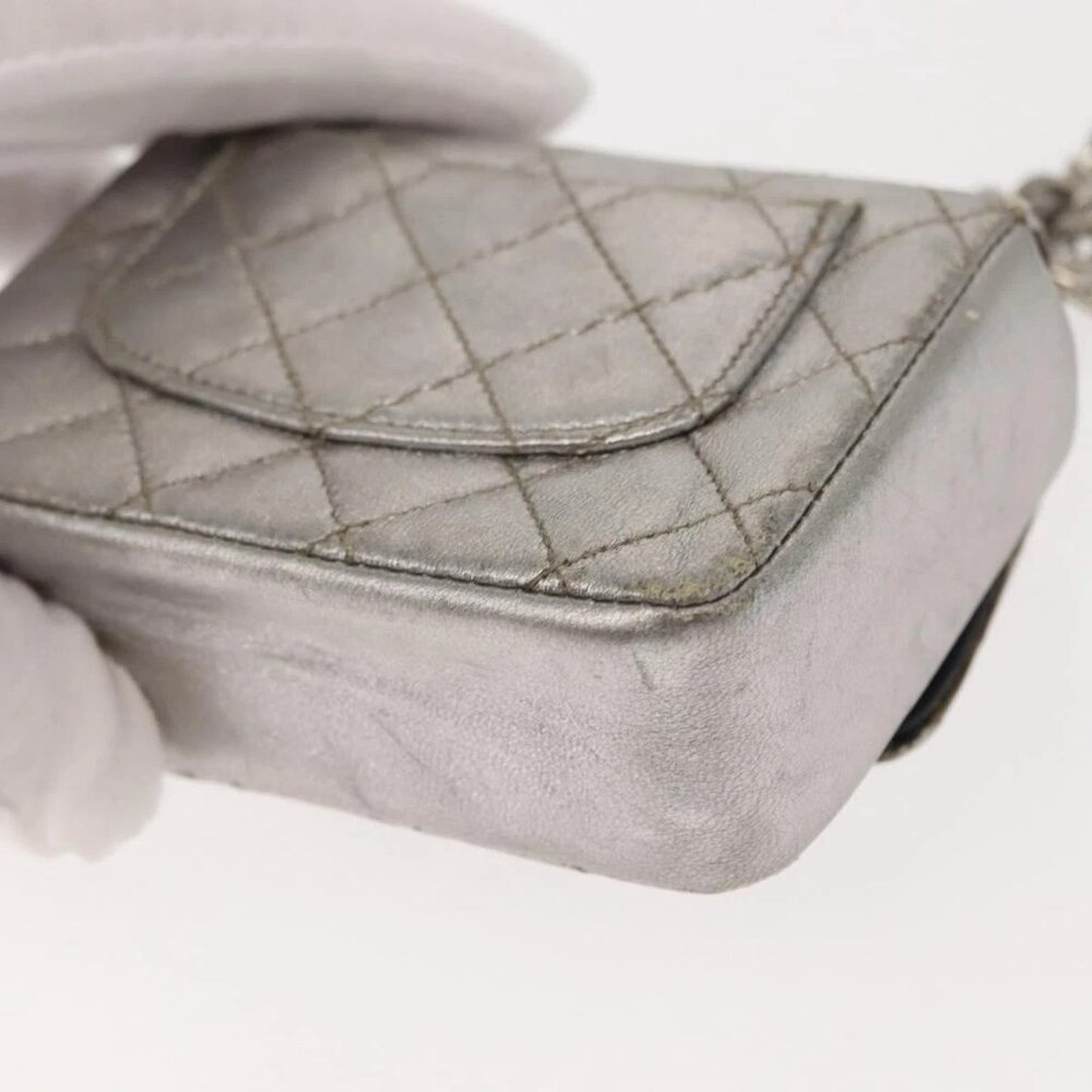 CHANEL Matelasse Chain Hand Bag Lamb Skin Silver CC Auth 148202 - Picture 14 of 16